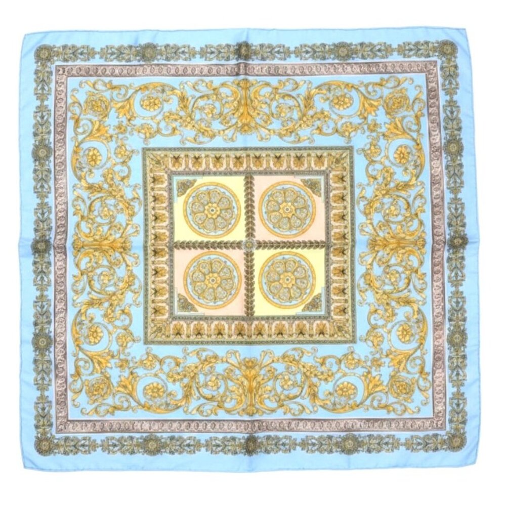 Blue Gold Baroque Satin Scarf 35" Square Head Neck Hair Wrap Luxury Print
